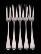 Five Edward VII silver Old English pattern dessert forks, maker Skinner & Co, London, 1904: 246gms,