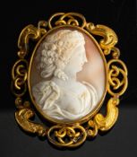 A shell cameo brooch,: the oval shell cameo carved with the profile of a lady,