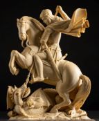 An ivory figure group of St George and the Dragon: 18cm high.