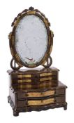 A William IV or early Victorian black japanned and parcel giltwood dressing table mirror,