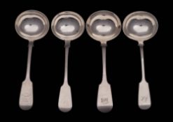 Four Victorian silver Fiddle pattern sauce ladles, various makers, London, 1841, 1853,