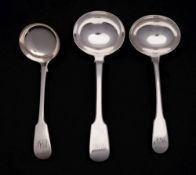 Three George III and later silver Fiddle pattern sauce ladles, various makers, London, 1810,