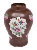 A Chinese Batavian-ware famille rose baluster vase: enamelled with peaches and leaf-shaped panels