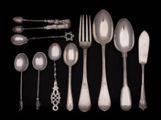 A mixed group of silver flatwares, various makers and dates: includes christening set, butter knife,