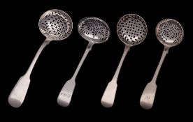 Four George III and later silver Fiddle pattern sifting spoon, various makers and dates: includes,