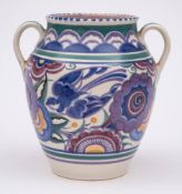 A Poole Pottery two-handled globular vase: decorated in the 'Blue-bird' pattern [HE] designed by