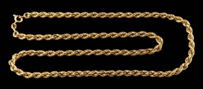 A gold coloured ropetwist necklace,: with a ring bolt clasp, stamped 750, 48cm long, 14g.