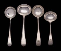 Four George III and later silver Old English pattern sauce ladles,