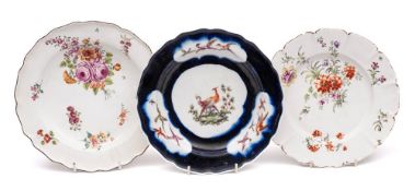 A group of three Chelsea plates and a Worcester octagonal dish: comprising two plates painted with