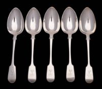 A set of five Victorian Scottish provincial silver Fiddle pattern table spoons,