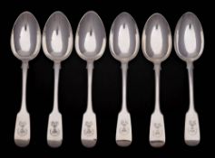 Six Victorian Scottish silver Fiddle pattern dessert spoons, various makers and dates: crested,