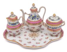 A Paris porcelain part tête a tête: comprising a quadrilobed tray, chocolate pot and cover,
