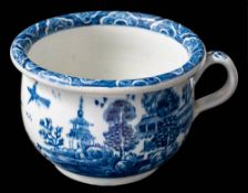 A Bow blue and white chamber pot: of small size, with turn-over rim and grooved loop handle,