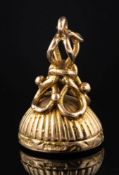 A 9 carat gold and hardstone fob by Georg Jensen,: the oval fob set with a bloodstone, stamped 375,