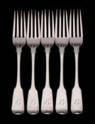 A set of five George IV silver Fiddle pattern table forks, maker Richard Poulden, London,