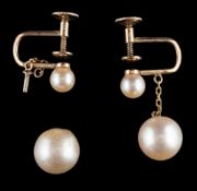 A pair of pearl earrings,: the 8.9mm pearls suspended from a chain, to 4.