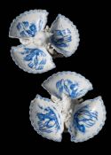 A rare pair of small Bow blue and white triple-shell sweetmeat dishes: each in the form of three