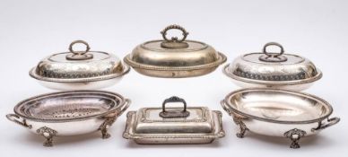A pair of plated entree dishes and covers: crested, two other entree dishes and covers,