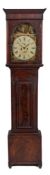 A mahogany longcase clock: the eight-day duration movement striking the hours on a bell with the