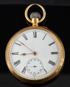An 18ct gold keyless open-faced pocket watch: the three-quarter plate movement having a lever