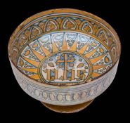 An Italian Deruta gold lustred maiolica high-footed bowl: decorated in blue and gold lustre with