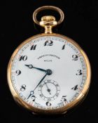 Wyler, Chronometre, a 14 carat gold pocket watch,: the white enamel dial with black Arabic numerals,