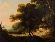 British School late 18th Century - Cottagers on the edge of a wood, view to upland beyond,