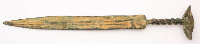 A North-West Persian bronze sword: with 34cm double edged and fullered blade,