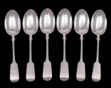 A set of six Victorian fiddle pattern dessert spoons, maker Josiah Williams & Co, London,