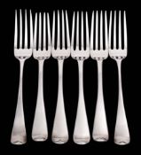 Six assorted silver Old English pattern table forks, various makers and dates: 411gms, 13.20ozs.