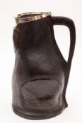A stitched leather and silver mounted blackjack: the mount bears marks for R & S Garrard & Co,