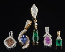 Five gem set pendants,: to include a pink sapphire and diamond pendant,