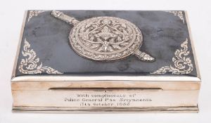 A Chinese sterling silver niello enamel and wood cigarette casket: inscribed,