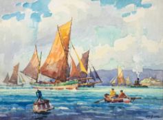 * George Ayling [1887-1960]- Brixham trawlers, oarsmen and steam ship in a bay,:- signed,