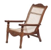 A carved teak and cordwork planter's chair, probably Indian, 20th century,