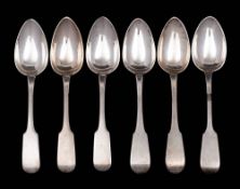 A matched set of six silver Fiddle pattern dessert spoons, various makers and dates: 227gms, 7.