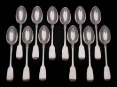 A twelve Victorian silver Fiddle pattern teaspoons, maker Chawner & Co, London, various dates: 14.