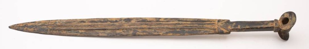 A North-West Persian bronze sword: with 58cm double edged and fullered blade,