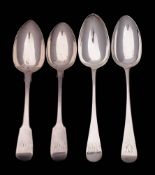 Four assorted Georgian and later table spoons, various makers and dates : all monogrammed,