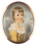 English School Circa 1800- A miniature portrait of a young girl,:- bust-length with wavy fair hair,