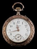 A German open-faced pocket watch by Saxonia,: circa 1900, the white enamel dial with black numerals,