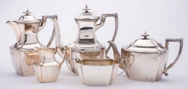 A silver plated five piece tea and coffee service: of rectangular outline with re-entrant corners,