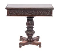 An Anglo-Indian carved and stained hardwood, probably padouk card table,