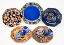 Five Wood & Son Bursley ware plates: each of octagonal form two in the Amstel pattern, one Arras,
