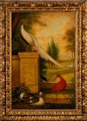 Manner of Hondecoeter- Exotic birds and ducks in a formal garden landscape,