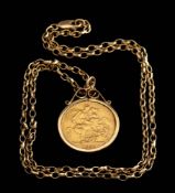 A Victoria gold sovereign,: 1887, in a pendant setting, on a belcher link necklace, stamped 9K,