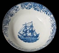 A Liverpool [John Pennington] blue and white ship bowl and one similar: the first printed with a
