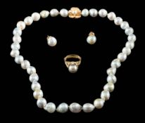 A baroque-formed, cultured pearl yellow metal necklace and pair of earrings of light grey hue,