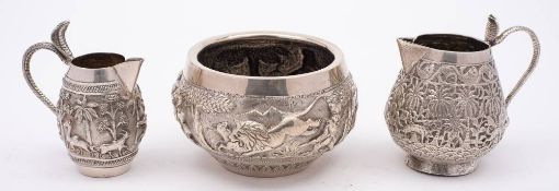 An Indian silver sugar basin: of circular form with embossed hunting scenes, 10.
