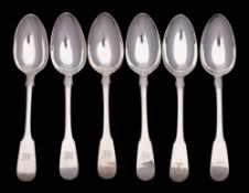 A set of five Victorian Scottish silver Fiddle pattern dessert spoons, maker JM Edinburgh,